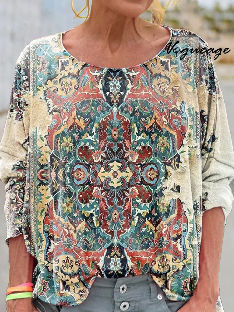 Bohemian Retro Art Symmetrical Print Round Neck Loose Long Sleeve T-Shirt