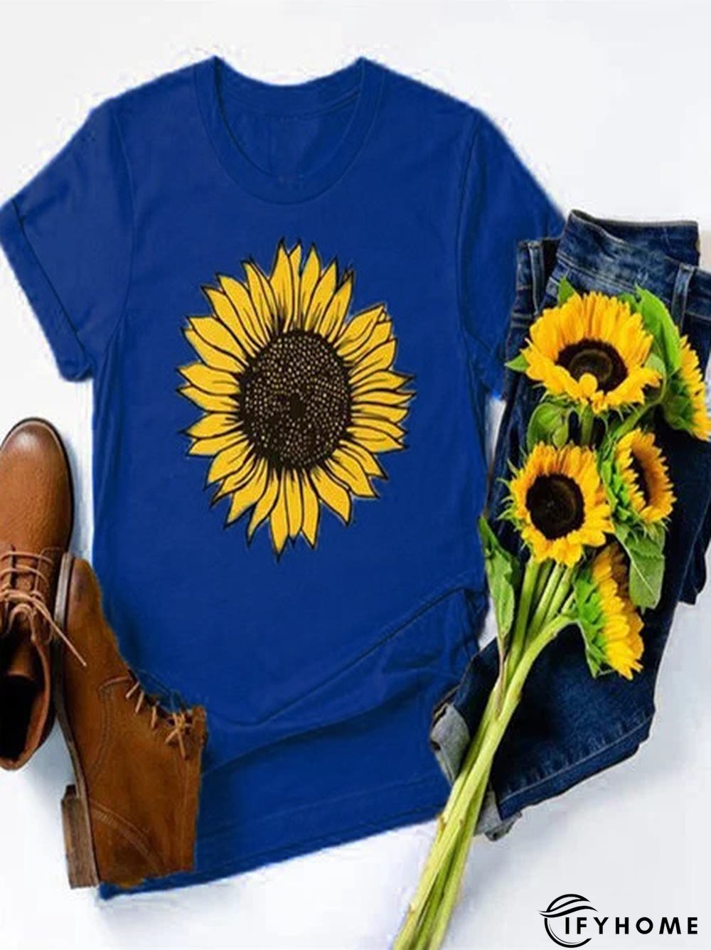 Vintage Short Sleeve Sunflower Printed Casual Top | IFYHOME