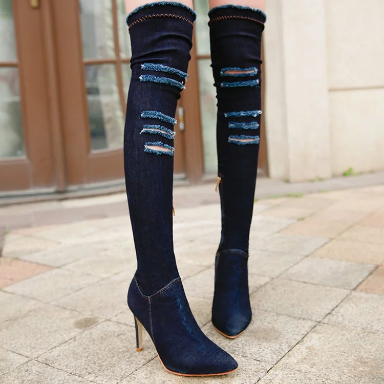Tanguoant 2020 Women Newest Hollow out Pointed Toe Over Knee Blue Denim Lace-up Gladiator Boots Long High Heel Jean Boots Shoes
