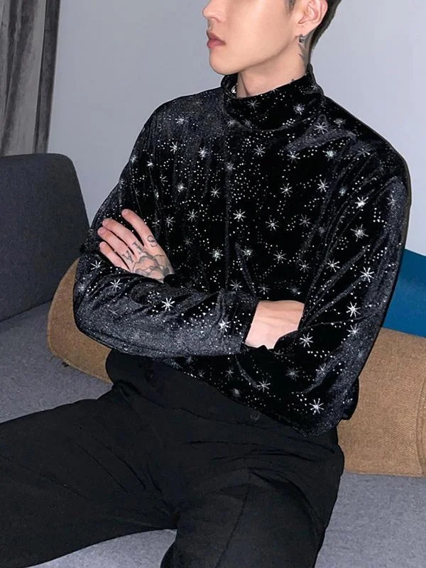 Aonga - Mens Turtleneck Velvet Glittering Long Sleeve T-ShirtI aonga