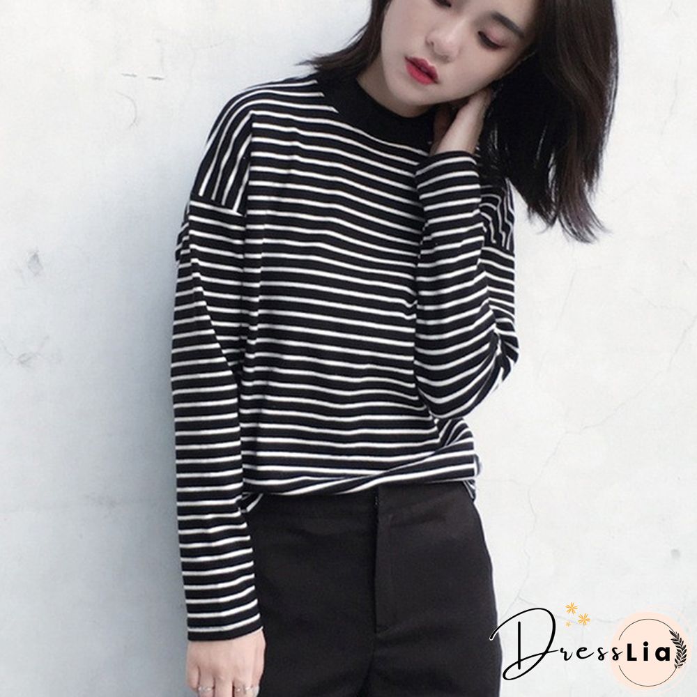 Women Turtleneck Korean Style Crop Top Long Sleeve Striped Tops Female Shirt Casual Harajuku Tops