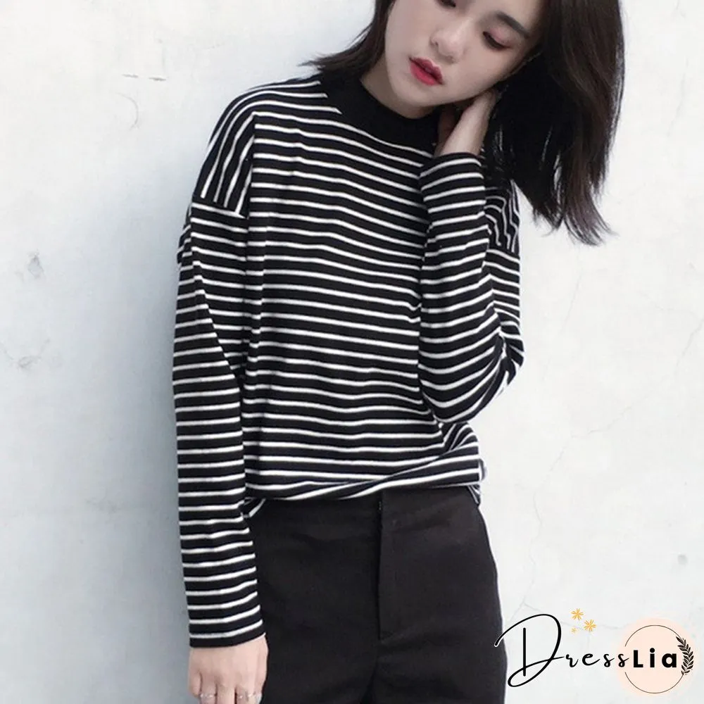 Women Turtleneck Korean Style Crop Top Long Sleeve Striped Tops Female Shirt Casual Harajuku Tops