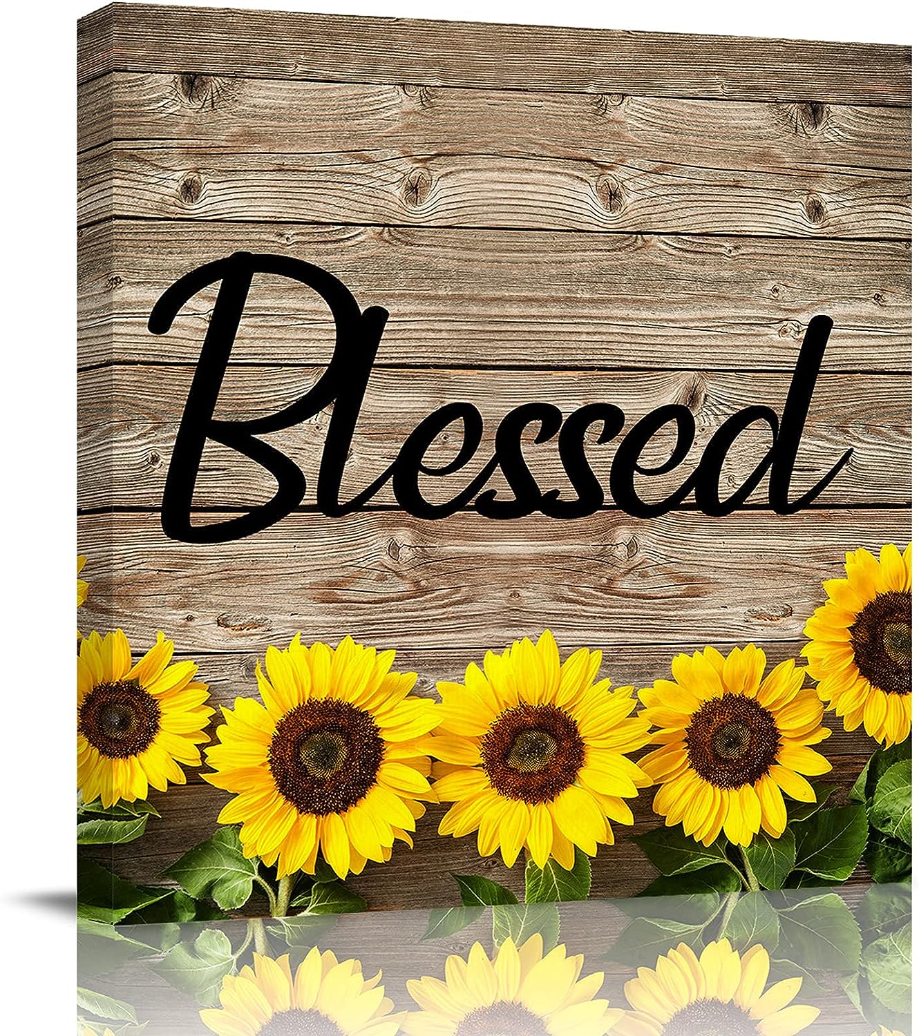 Giclee Canvas Prints Sunflower Blessed on Antique Shabby Chic Brown Wooden Wall Art for Home Decor Dining Room Kitchen Oil Paintings Easy to Hang Gallery Wrap Wall Picture with Wooden Frame 8x8 Inch 8 in x 8 in