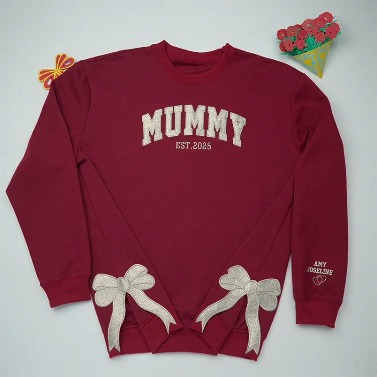 TOSCUSTOM™ Custom Mum Glitter Side Bow Embroidered Sweatshirts Bow Applique Sweatshirt