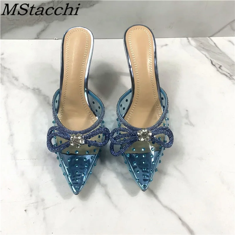 PVC Women Sandals Summer Transparent Shoes Luxury Crystal Bowknot Slippers High Heels Mules Slides Ladies Party Wedding Shoes