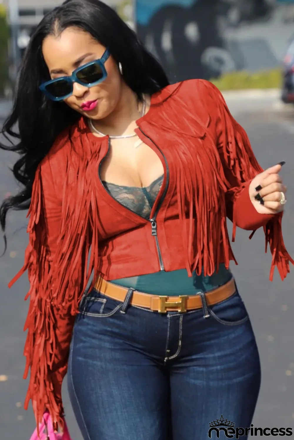 Winter Fashion Orange Zipper Long Sleeve Tassels Top