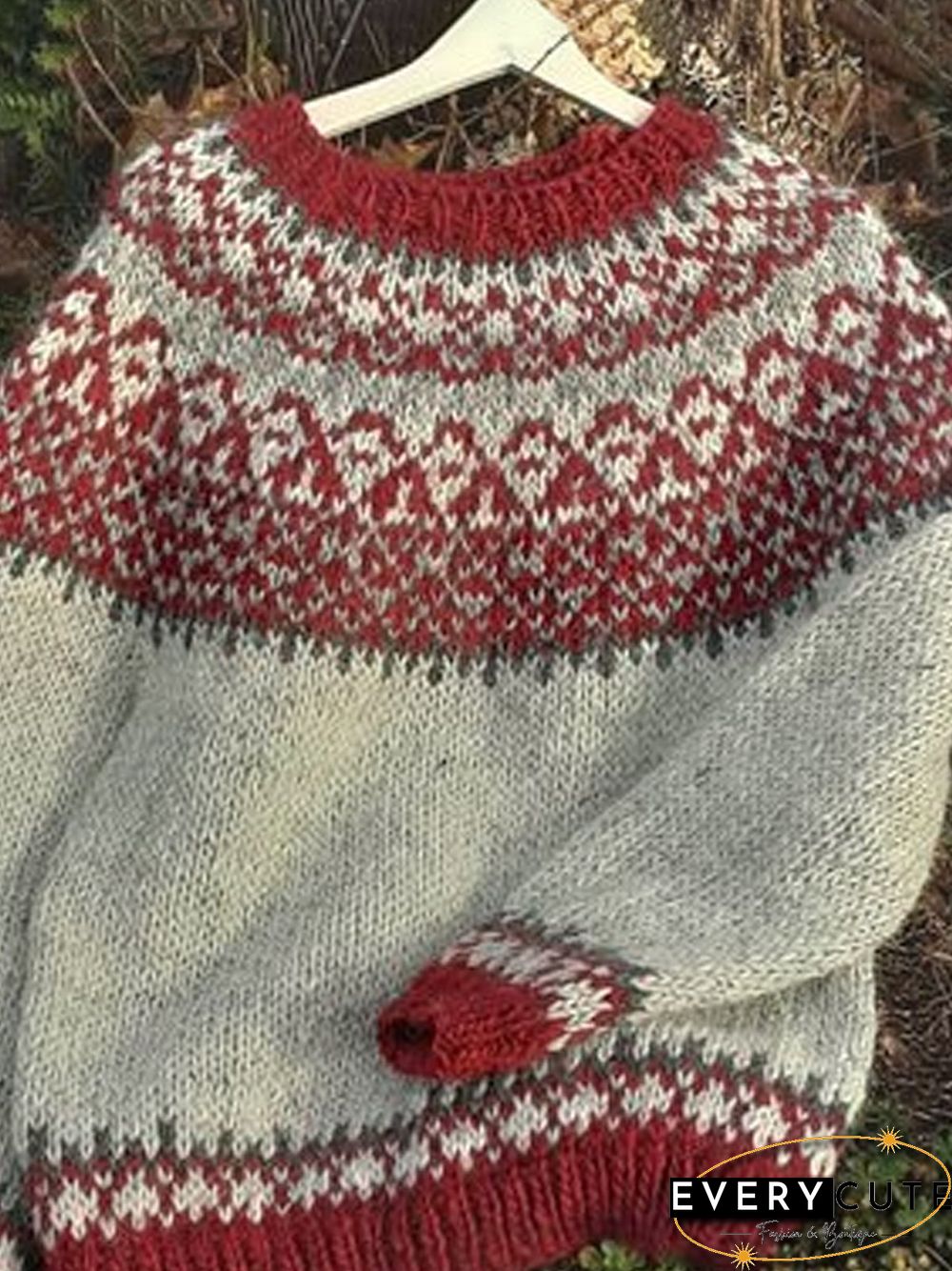 Vintage Ethnic Winter Daily Plus Size Long sleeve Crew Neck Cotton-Blend Sweater for Women