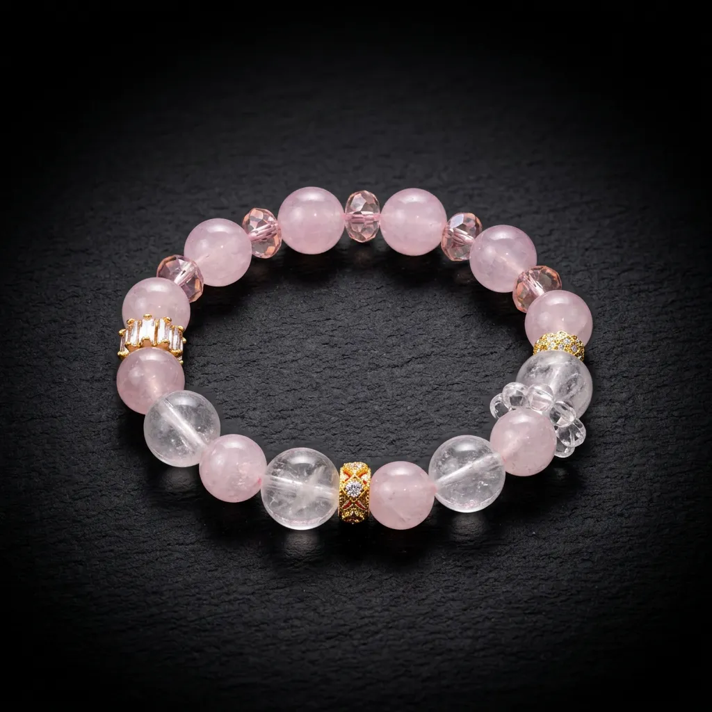 JiStones 'Ethereal Love' Madagascar Rose Quartz & Clear Crystal Bracelet Blush Pink & Crystal Clear with Gold Accents