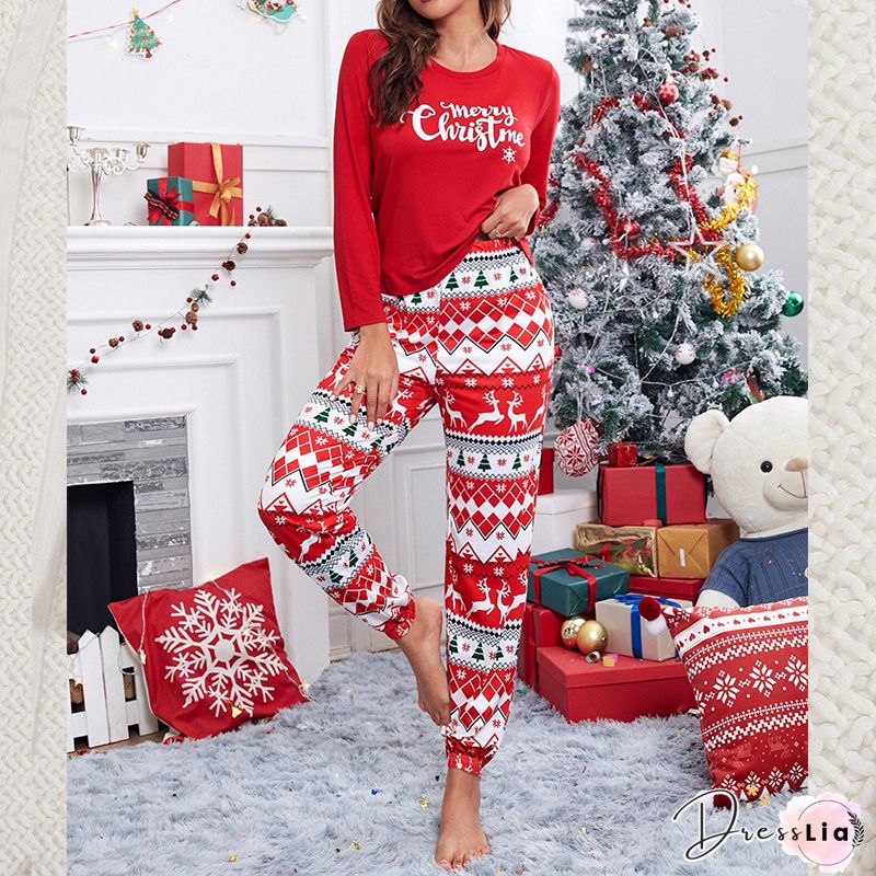 Christmas Letter Print Long Sleeve Top & Striped Pants Set
