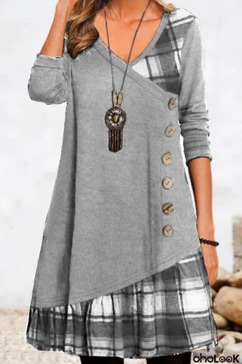 Casual Plaid Patchwork Buttons V Neck A Line Dresses