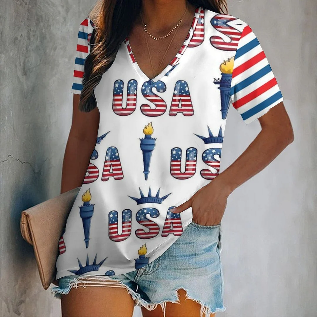 V-neck Short Sleeve Casual T-shirt for  Women Printed with Pattern USA, Independence Day, Star, Striped, Blue, Red
