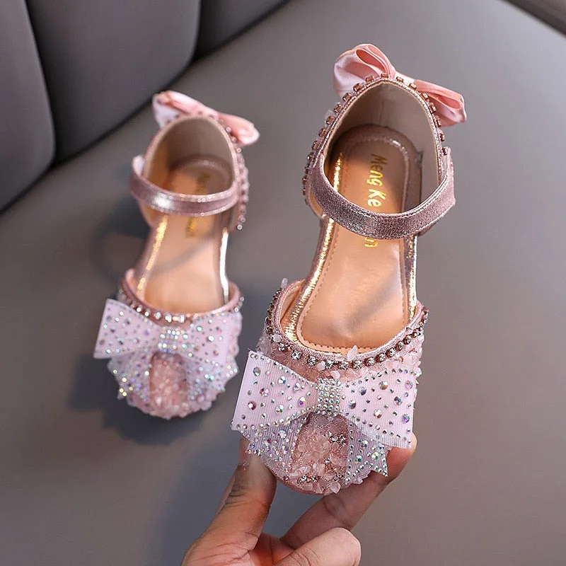 KAMUCC Hot Summer Girls Sandals With Bow Open Toe Diamond Princess Party Shoes Soft Flat Sandals For Girls Kids Sandals