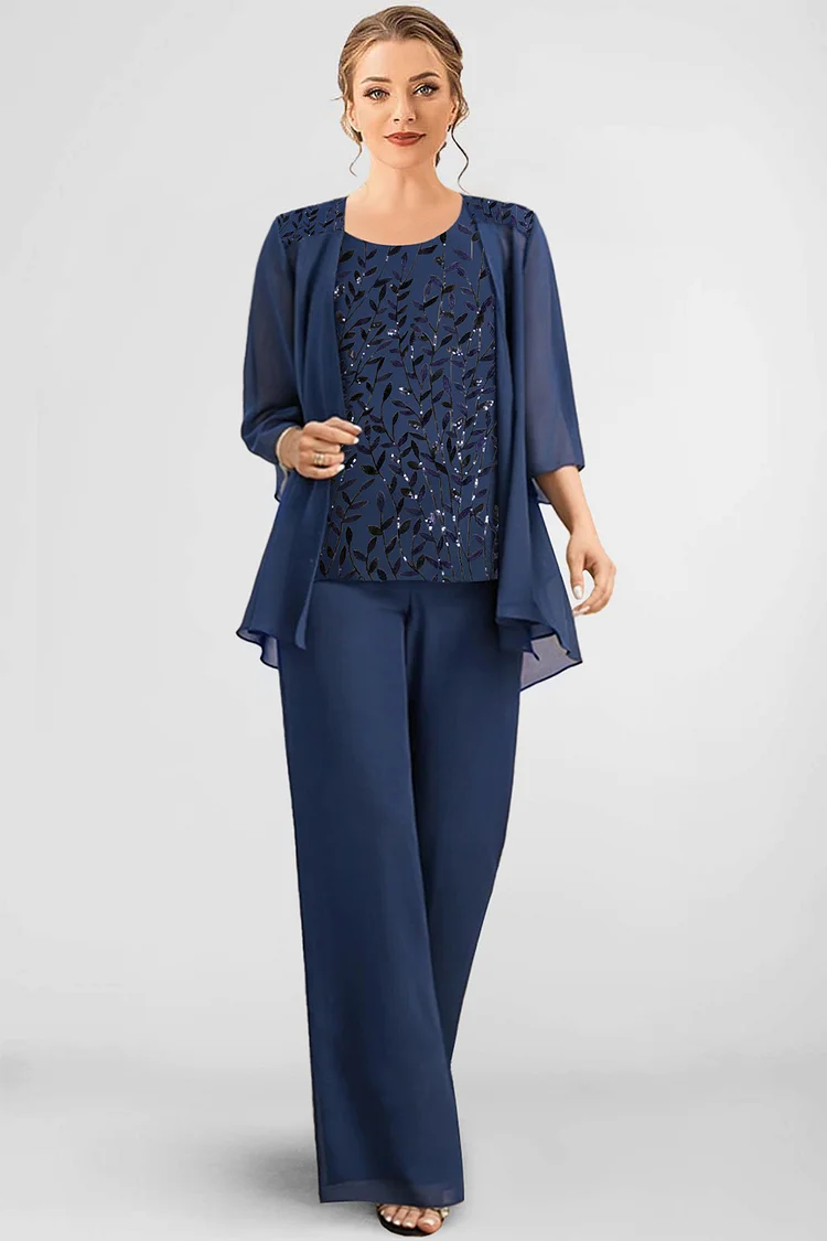 Flycurvy Plus Size Formal Navy Blue Chiffon Beaded Embroidery Layered Wide Leg Three Piece Pant Suit
