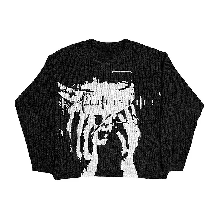 Street Sweater Portrait Jacquard Knitted Sweater Pullover Black Sweaters at Hiphopee
