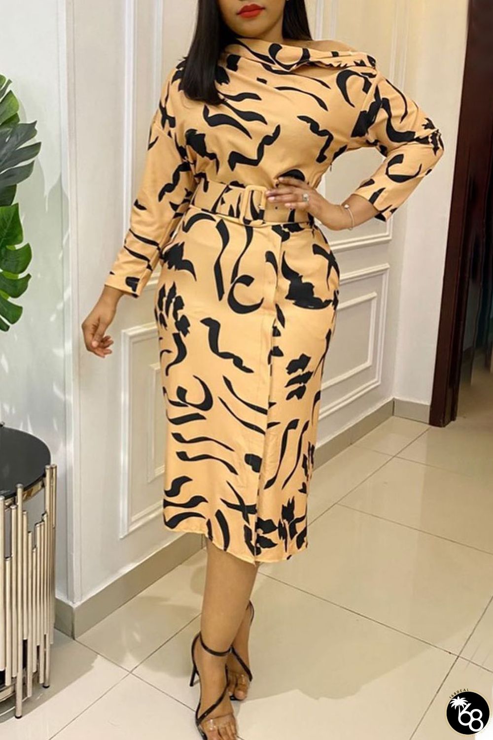 Casual Print Patchwork Oblique Collar Pencil Skirt Dresses | 168DEAL