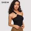 SHEIN Black Asymmetrical Neck Solid Crop Tank Top Summer Women Sexy Cold shoulder Stretchy Skinny Highstreet Sleeveless Camis 