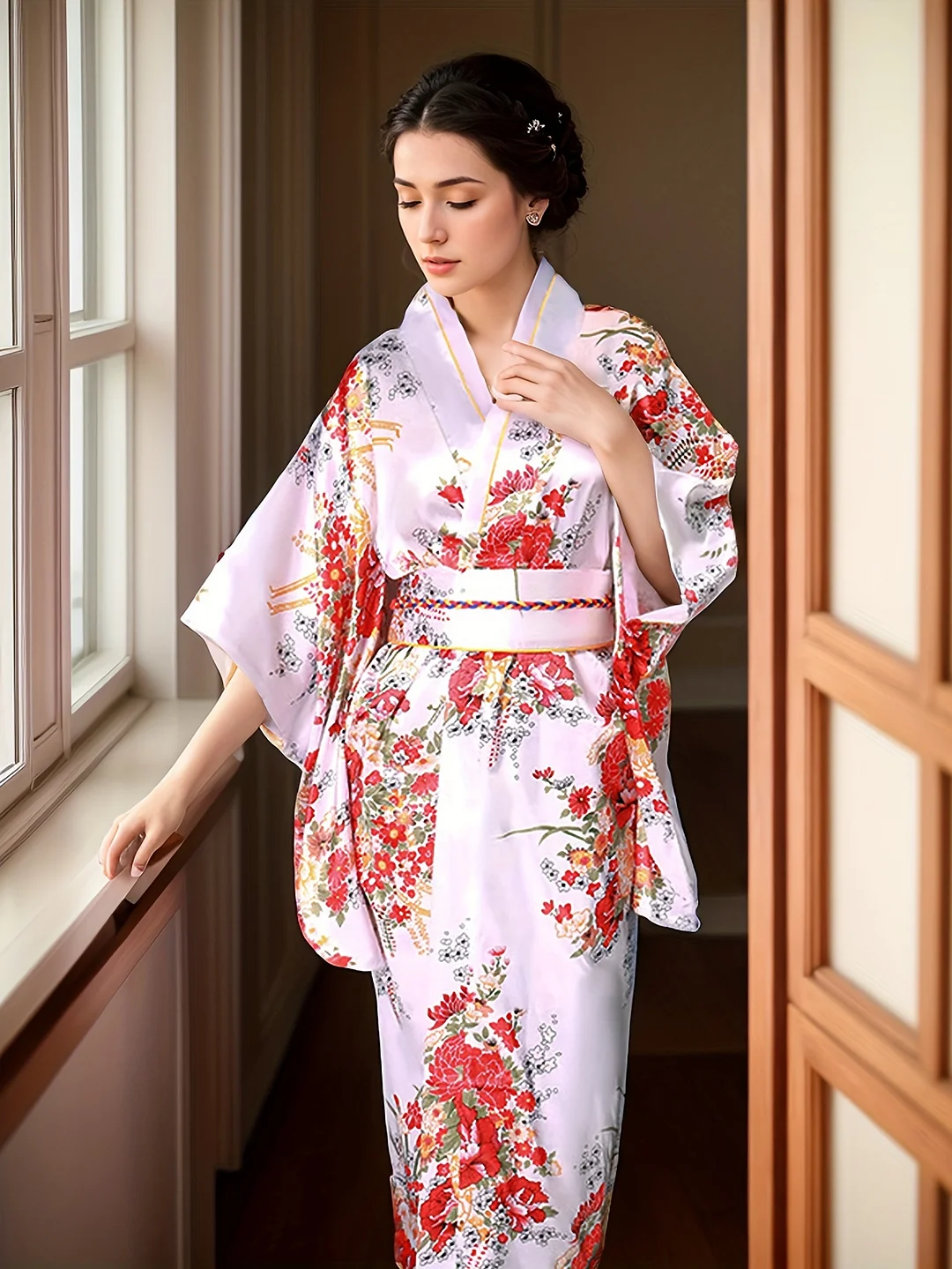 Floral Print Surplice Neck Kimono, Elegant Batwing Sleeve Slim Fit Kimono, Women's Clothing | IFYHOME