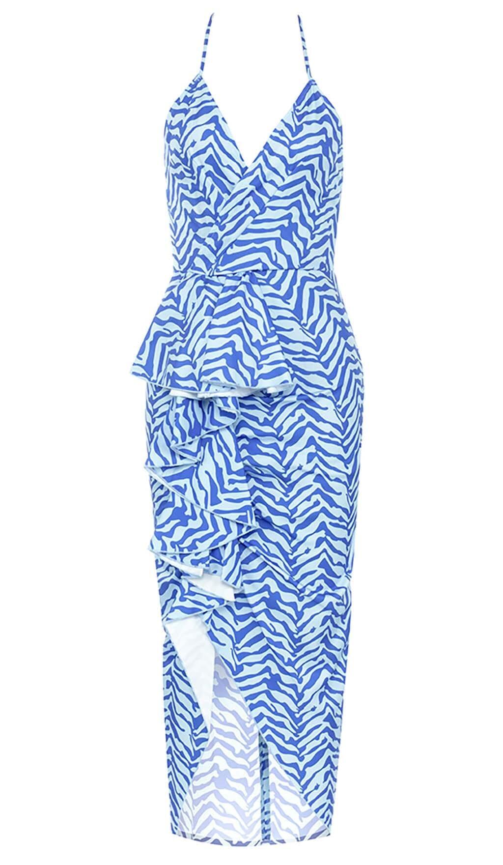 RUFFLE STRIPES MIDI DRESS IN BLUE