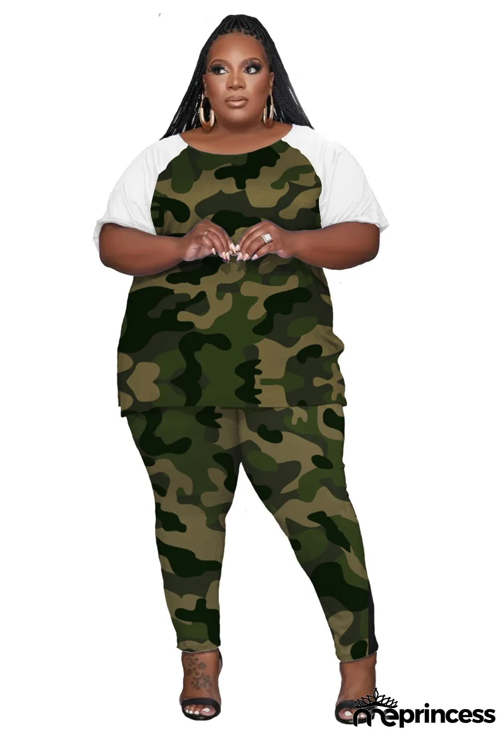 Women's cute Plus Size raglan print two-piece set