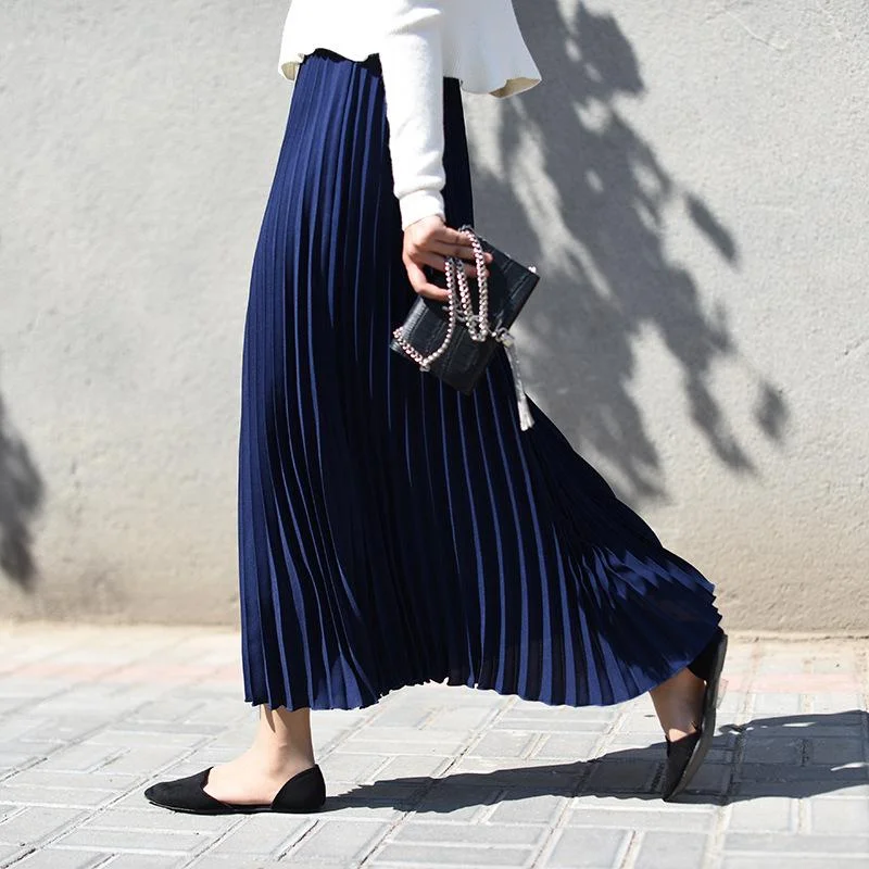 Womens Vintage Pleated Midi Long Skirt Female Korean Casual High Waist Chiffon Skirts Jupe Faldas Autumn