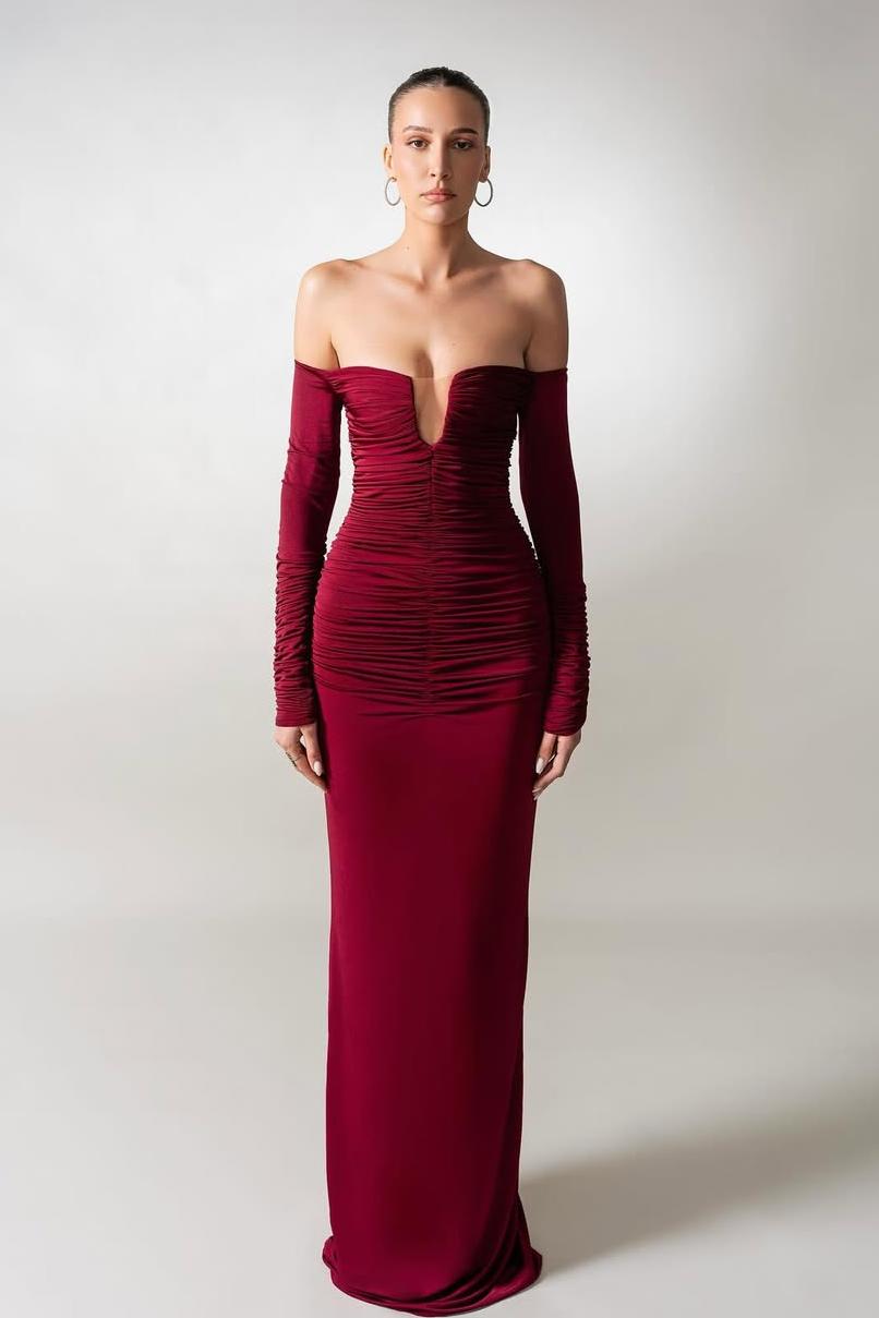 Lvs&Broner Long Sleeves Strapless Off the Shoulder Long Mermaid Prom Dress With Pleated