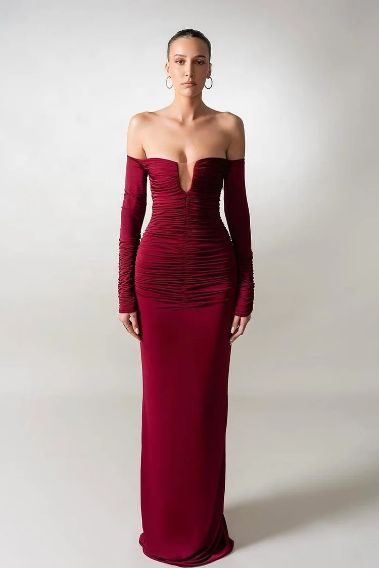 Long Sleeves Strapless Off the Shoulder Long Mermaid Prom Dress With Pleated XJ0574