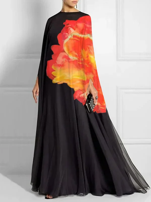 Batwing Sleeves Loose Contrast Color Floral Printed Round-Neck Maxi Dresses