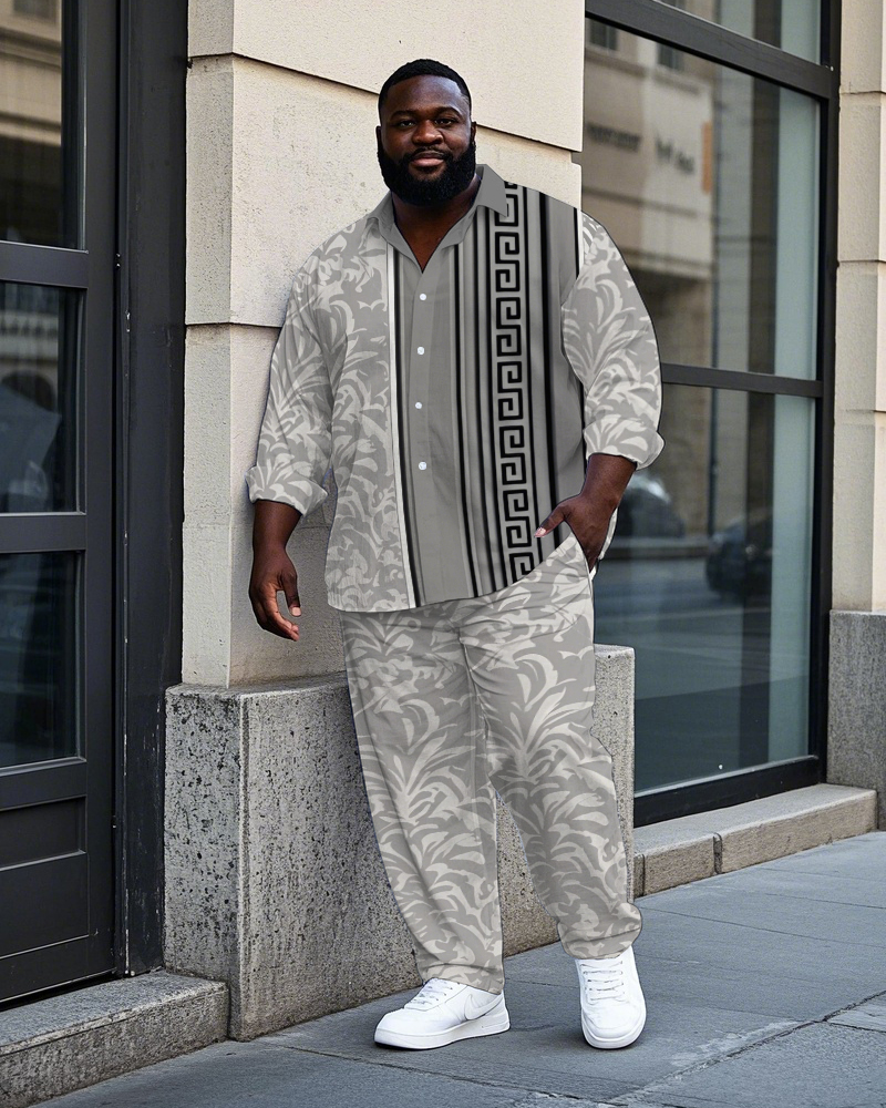 Big Men's Retro Fashion Splicing Style Geomeotric Pattern Printed Long Sleeve Shirt Pants Set