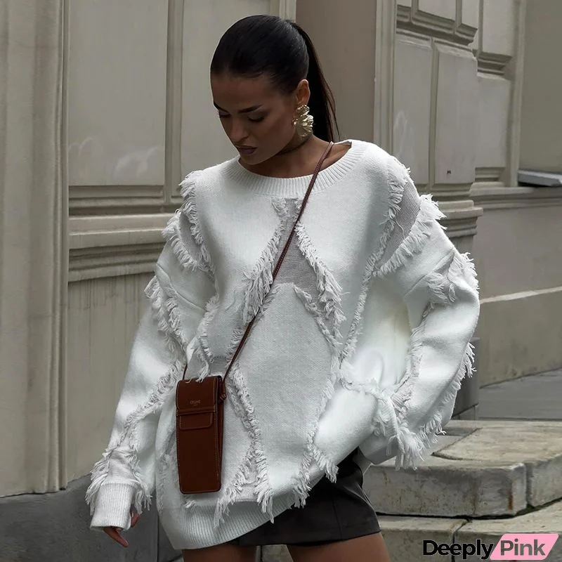 Fringe Hollow-out Drop Shoulder Pullover Sweater