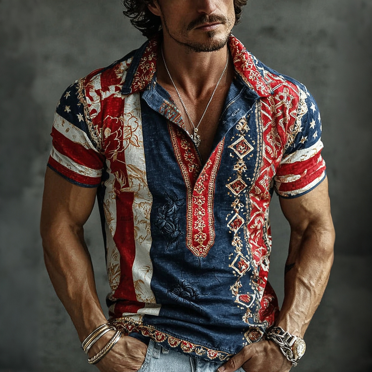  Men's Vintage Flag And Floral Pattern Contrast Patchwork Art Polo Shirt Westsshops