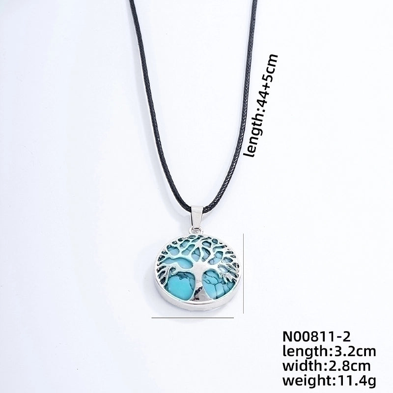Ig Style Minimalist Round Tree Stainless Steel Natural Stone Leather Rope Inlay Natural Stone Pendant Necklace