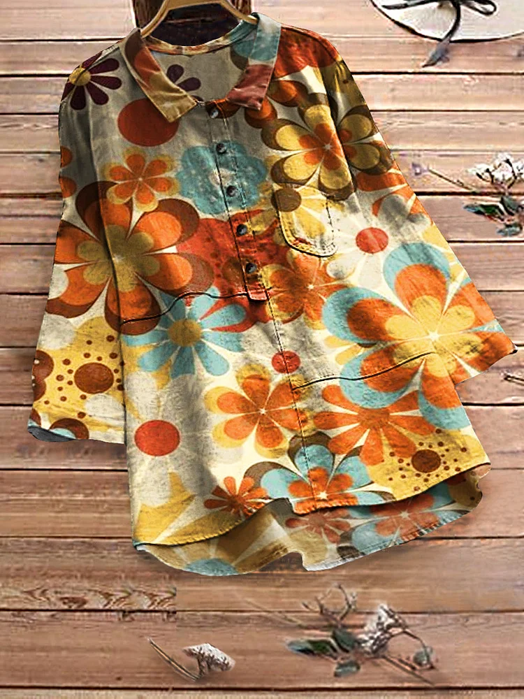 Women's Lapel Vintage Abstract Floral Print Cotton Blouse