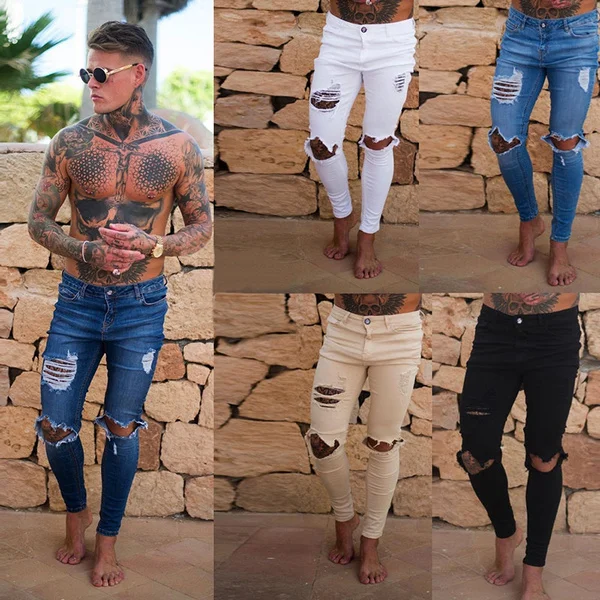 Jamickiki Pure Color Men'S Jeans Fashion Slim Fit Skinny Denim Long Pants Ripped Trousers For Men,4 Colors