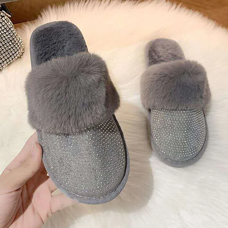 Winter Slippers Women Fur Slides Warm Plush Home Shoes Rhinestone Furry Slippers Ladies Indoor Bedroom Shoes Zapatos De Mujer
