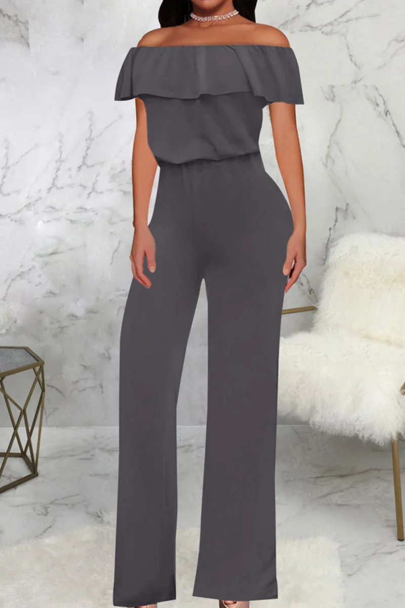 Grey Casual Solid Patchwork Flounce Off the Shoulder Straight Jumpsuits