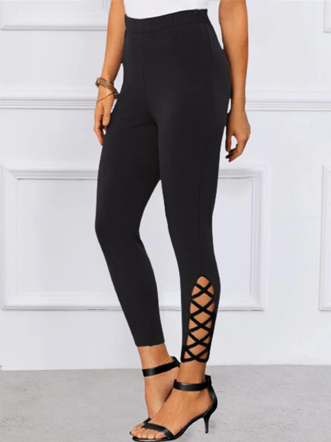 Tight Cross Lace-Up Hollow out Plain Casual Leggings