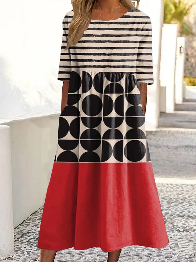 Vintage Abstract Art Print Round Neck Pocket Midi Dress