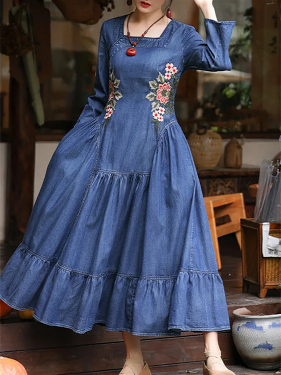 Women's Denim Long Sleeve U-neck Dress
