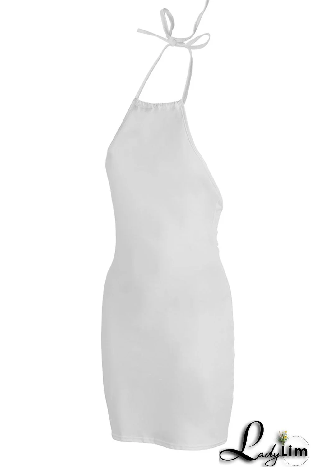 White Sexy Solid Split Joint Backless Halter Pencil Skirt Dresses