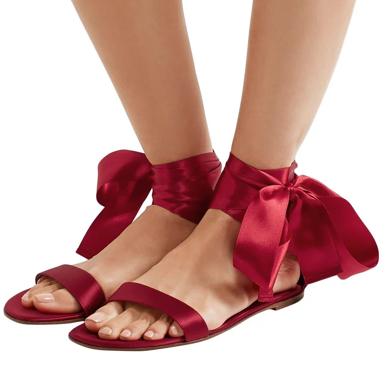Women's Red Open Toe Strappy Sandals Comfortable Flats |FSJ Shoes