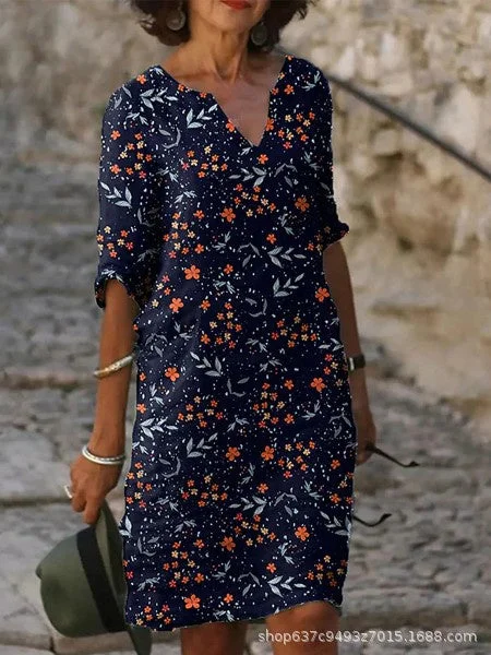 Women Half Sleeve V-neck Solid Color Dress