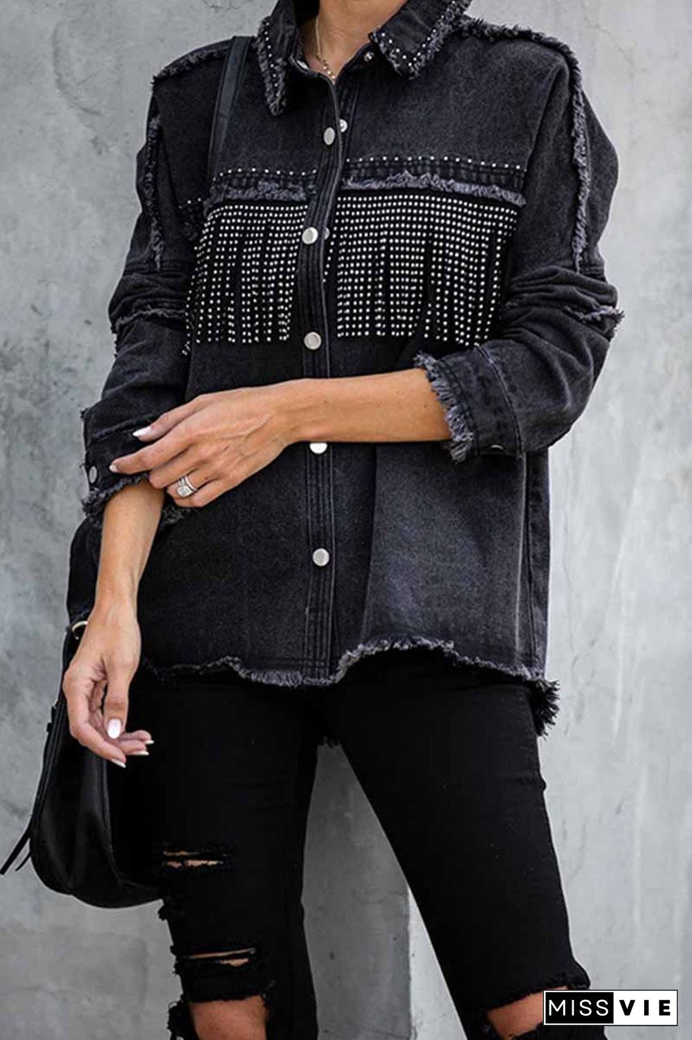 Long Sleeve Fringed Denim Jacket Tops