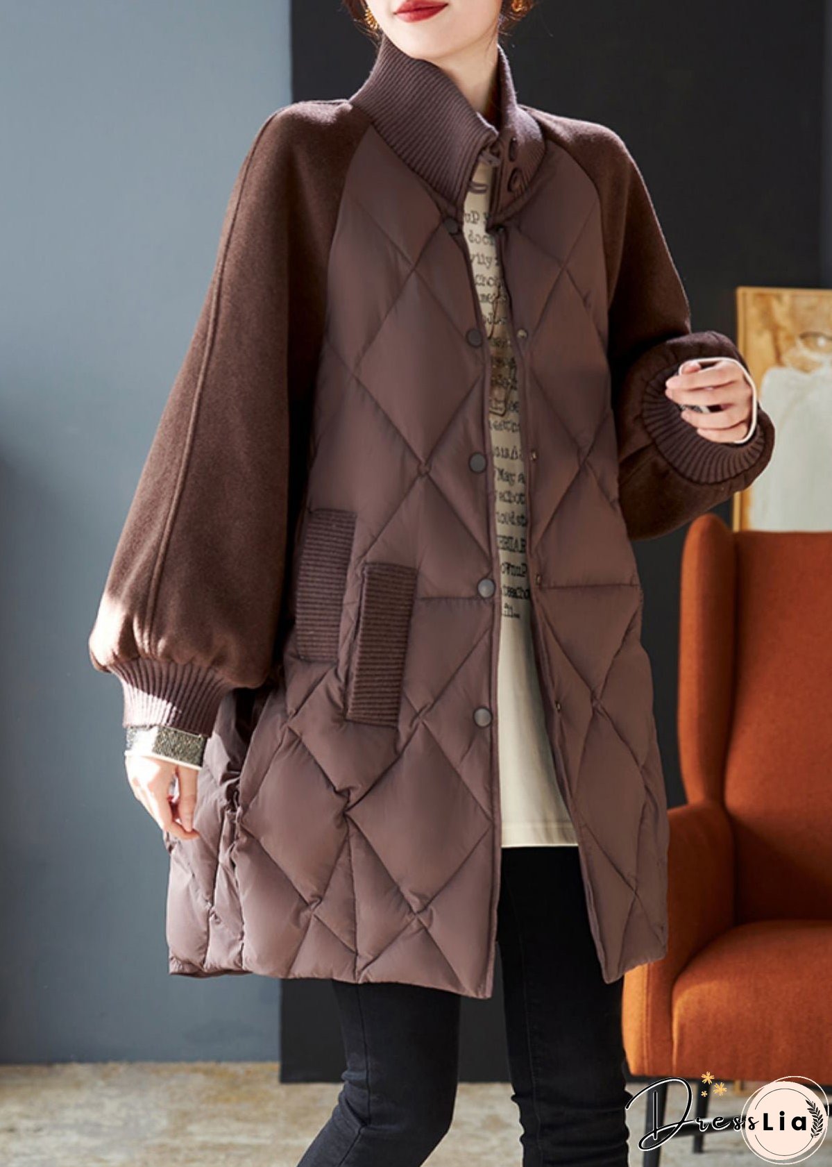 Stylish Brown Oversized Patchwork Woolen Fine Cotton Filled Jackets Winter
