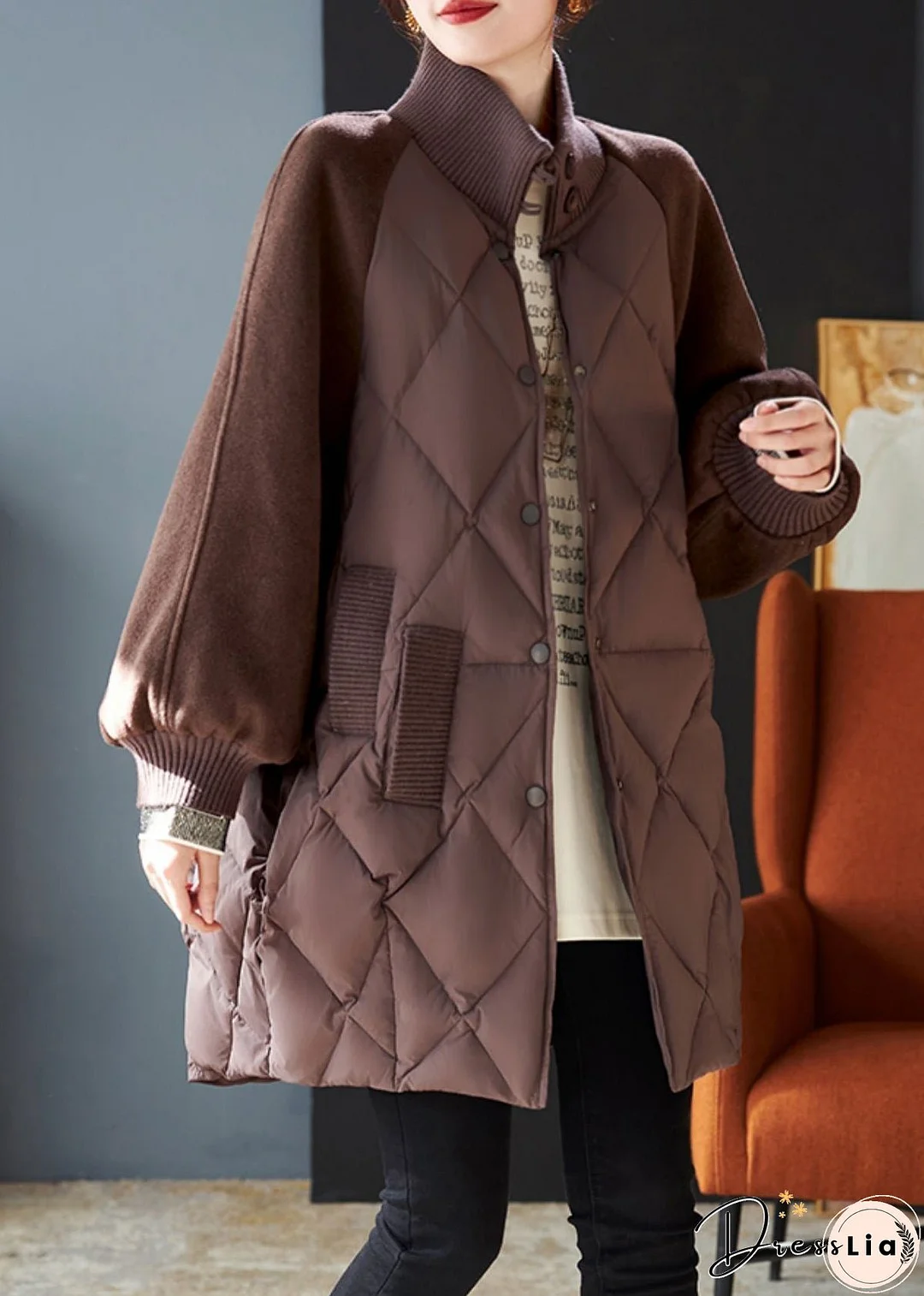 Stylish Brown Oversized Patchwork Woolen Fine Cotton Filled Jackets Winter