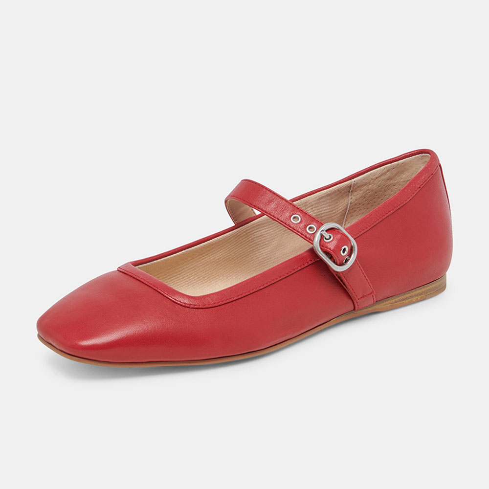 Red Vegan Leather Square Toe Flat Elegant Women's Mary Jane Shoes Nicepairs