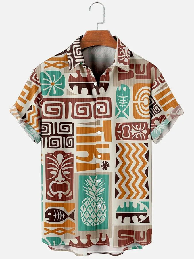Mens Hawaiian Shirt  Short Sleeve Shirts Brown Beach Cotton-Blend Shirts