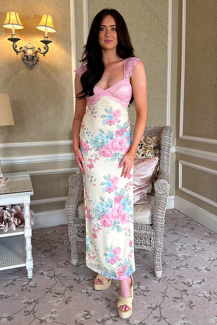 Lace Patchwork Floral Print Slit Sleeveless Maxi Dresses-Beige [Pre Order]