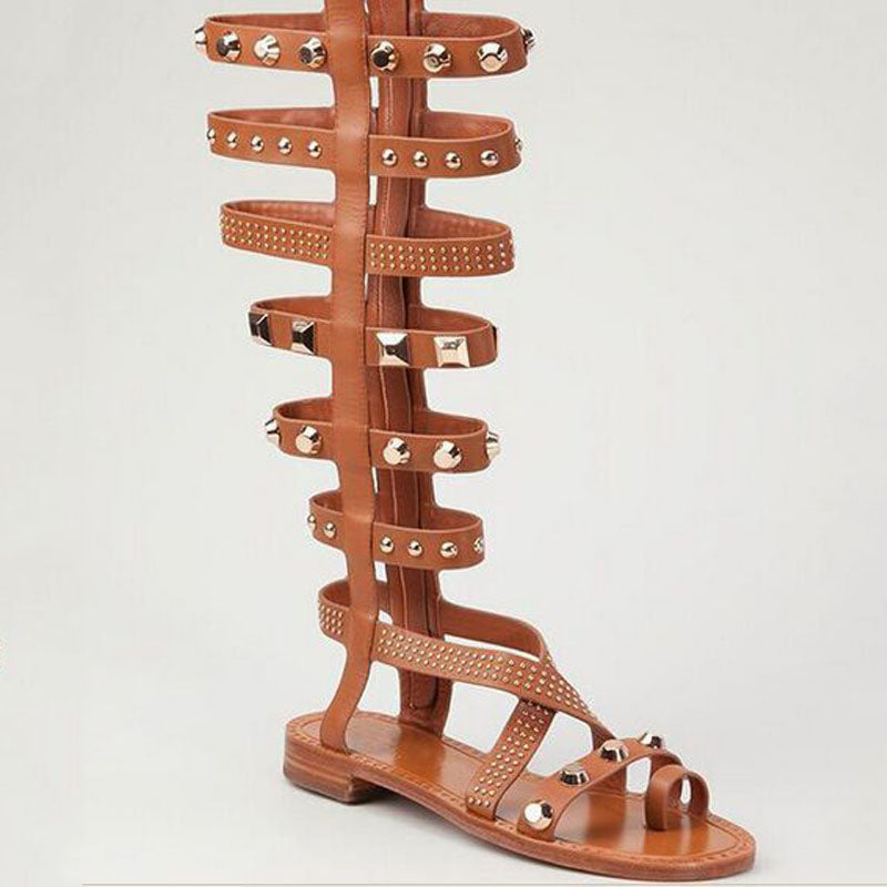 VCSHOES Leather Cutout Zipper Gladiators Knee Length Flat Sandals