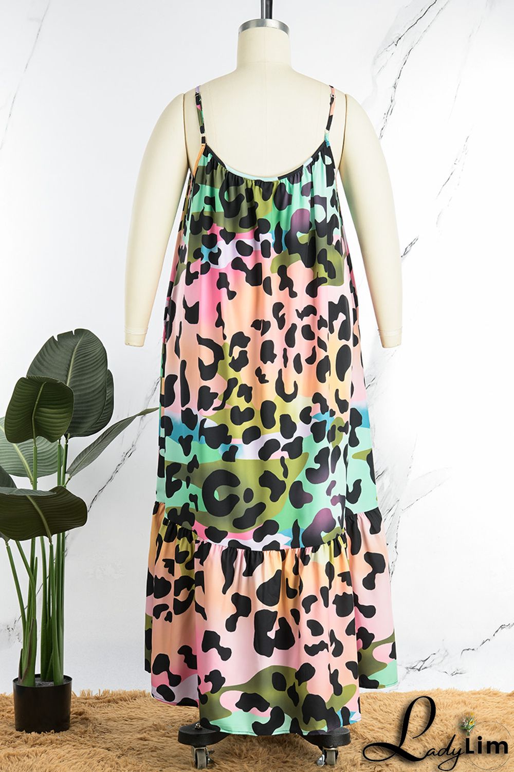 Pink Casual Print Backless Spaghetti Strap Long Dress Plus Size Dresses
