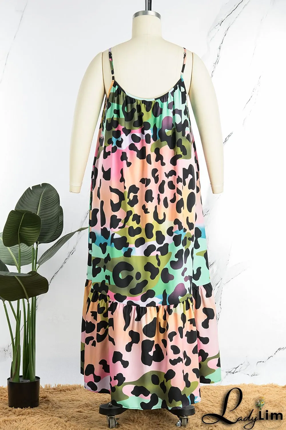 Pink Casual Print Backless Spaghetti Strap Long Dress Plus Size Dresses